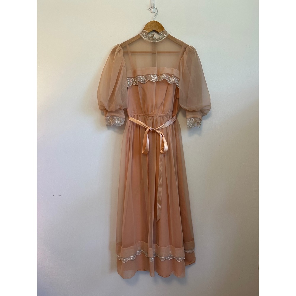 Vintage 70s Handmade Peach Chiffon Lace Puff Sleeve Dress